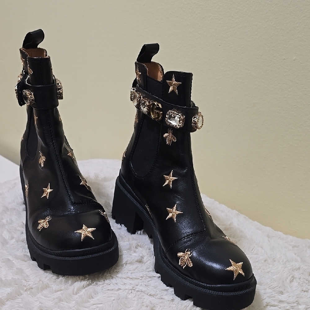 Gucci Black Boots with Gold Star and Bee Accents - Picture 2 of 6